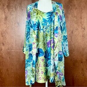 Vintage Cami Slip Gown Bath Robe Set Colorful Floral Print Feminine Coquette M